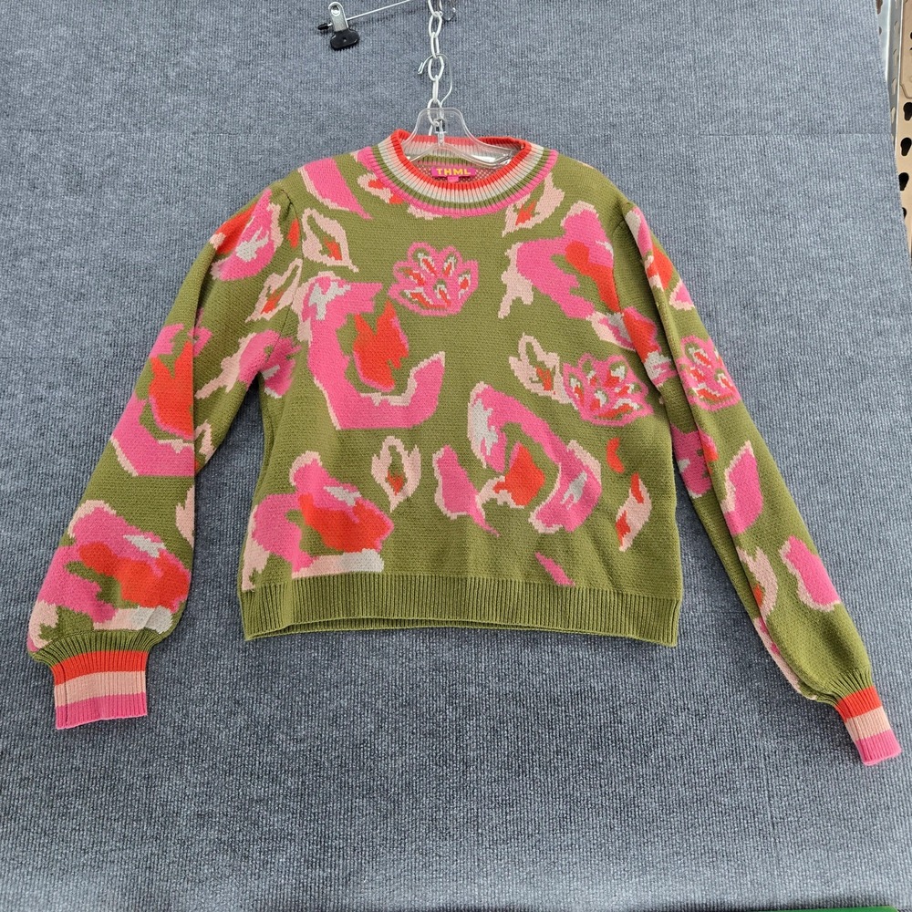 THML Womens Green and Pink Floral Knit Sweater Size L
